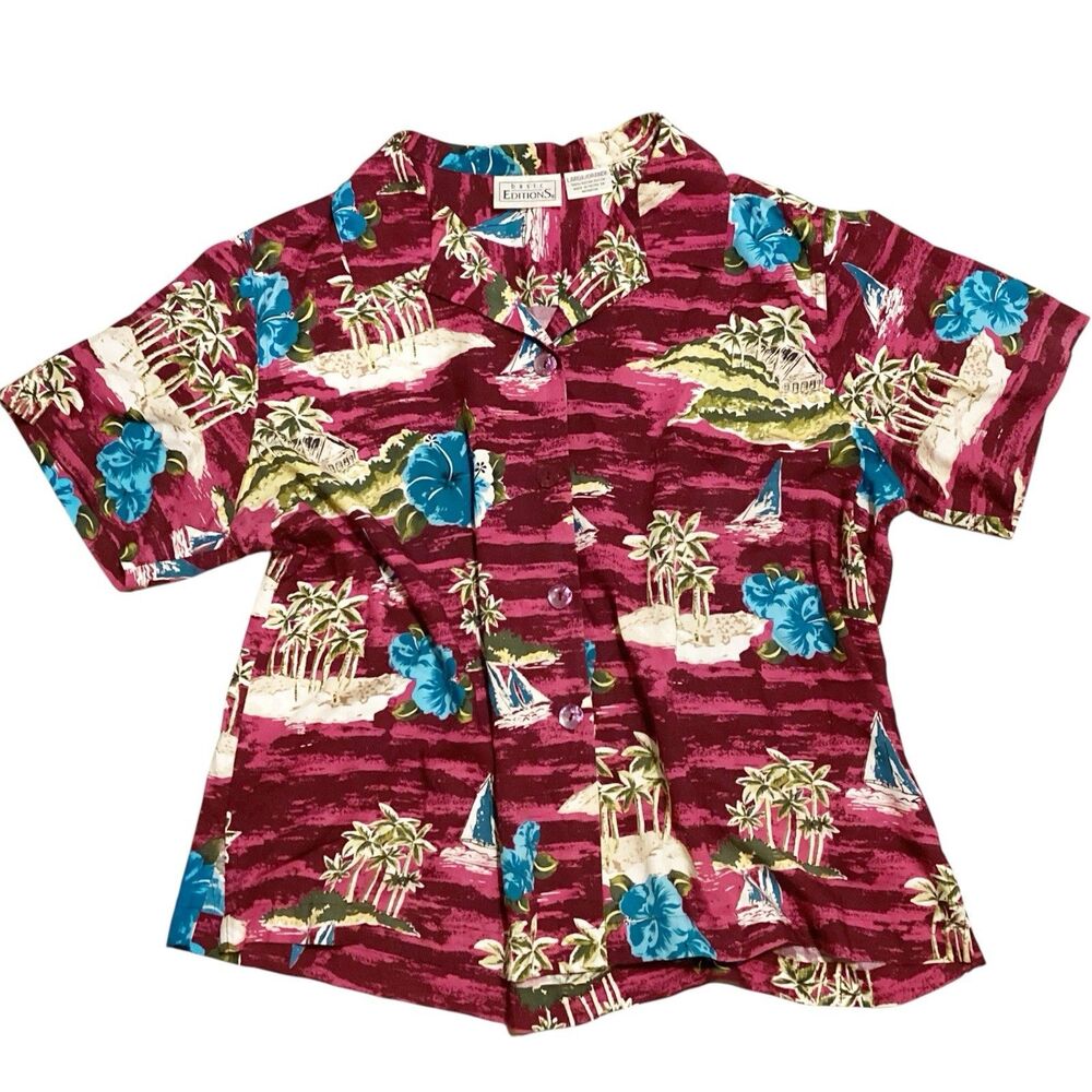 Hawaiian Button-Up Shirt  Floral Size Large Summer Cruise Beach Resort Palms